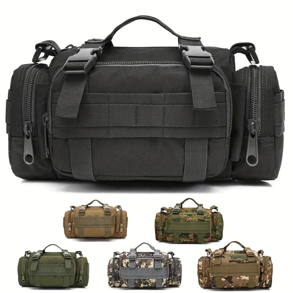 Black tactical bag with multiple color options displayed below on a white background