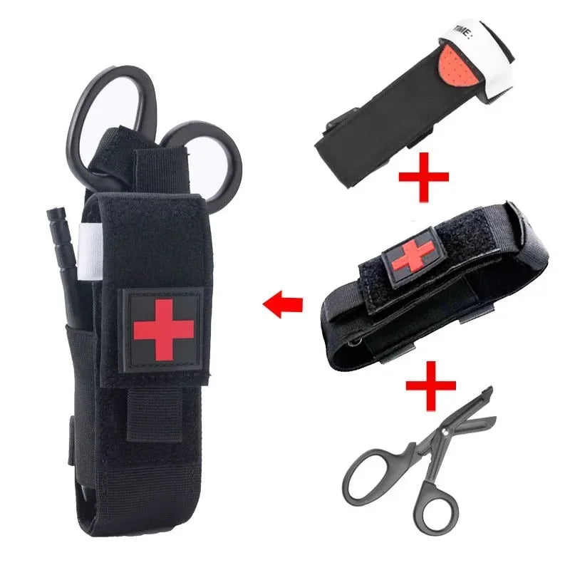First aid kit with red cross emblem, strap, and scissors on a dark background