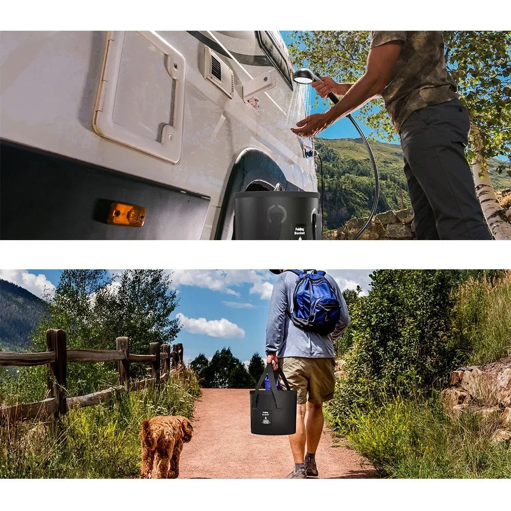 A split-screen lifestyle image showing a black camping portable shower. The top panel shows a person using a hose to rinse their hands. 