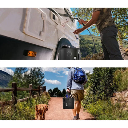 A split-screen lifestyle image showing a black camping portable shower. The top panel shows a person using a hose to rinse their hands. 