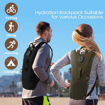 Two people wearing hydration backpacks with icons indicating suitability for cycling, hiking, running, and camping.