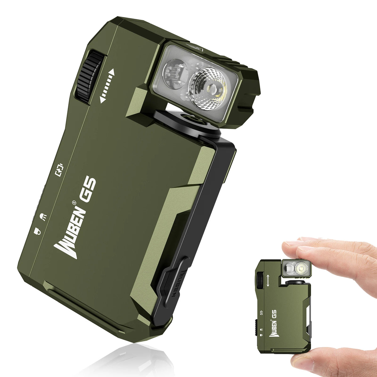 Green flashlight with 'Nulben' branding held by a hand on a white background