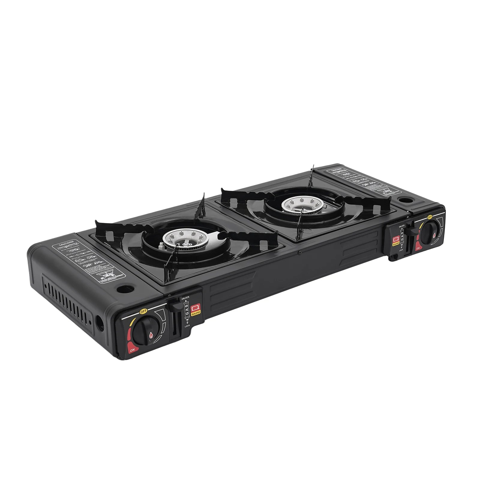 Black portable gas stove with two burners on a white background