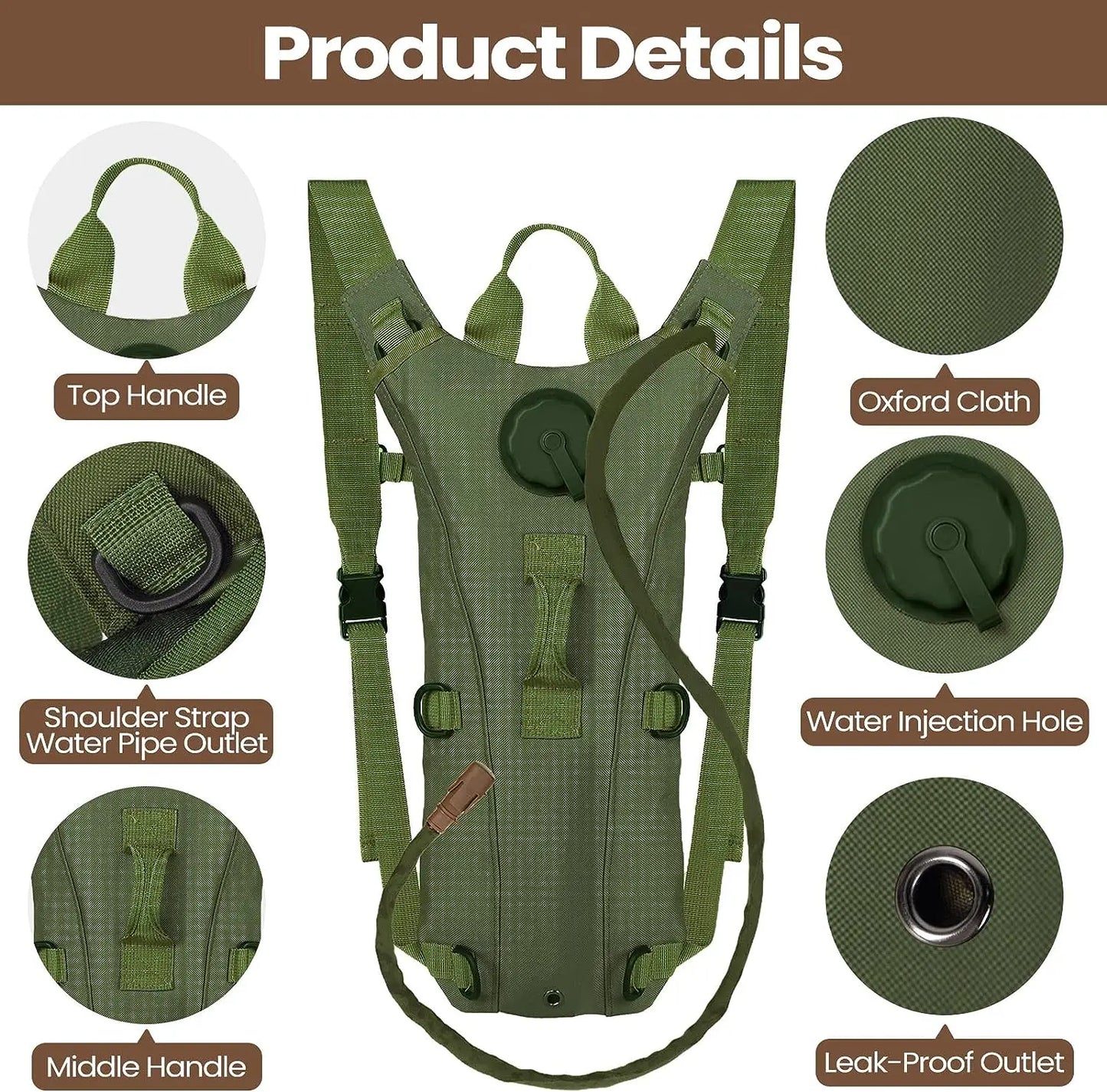 Green hydration backpack with detailed features on a white background