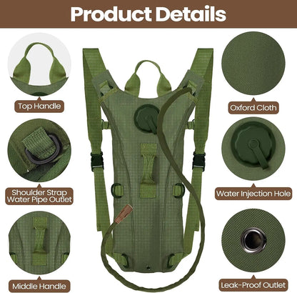 Green hydration backpack with detailed features on a white background