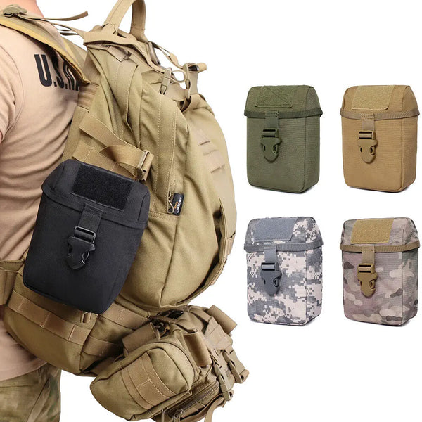 Tactical backpack with attached pouches and small tactical boxes in various colors on a white background.