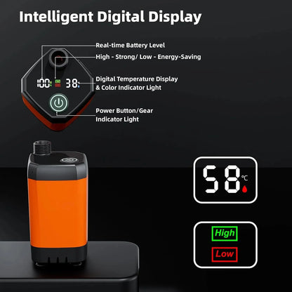 An orange and black cylindrical device with an illuminated digital display, shown on a dark background with feature callouts and example temperature/battery screens.