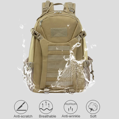 Tan backpack with water splash effect on a light gray background