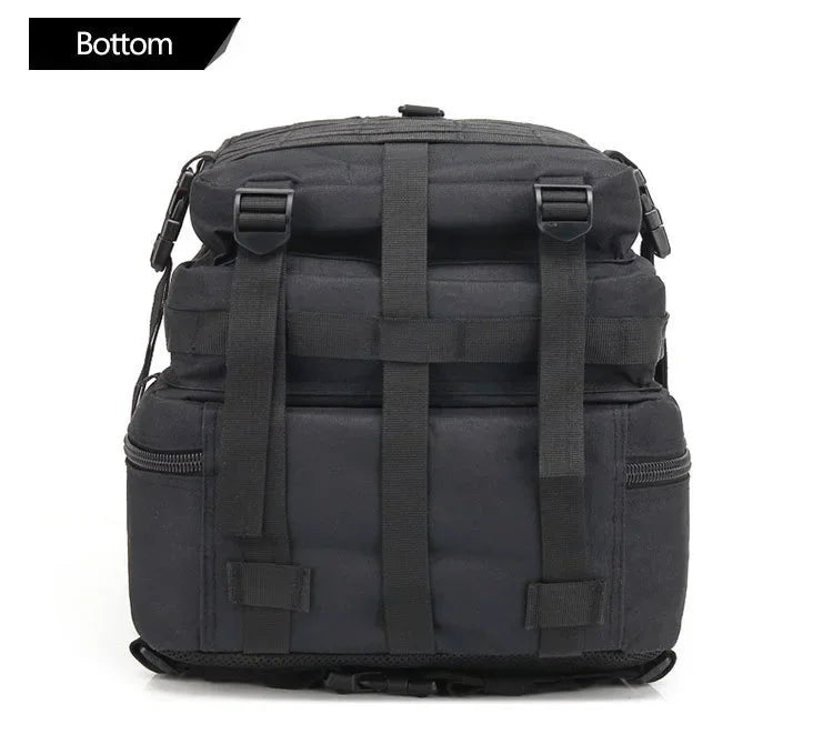 Black backpack with multiple straps on a white background