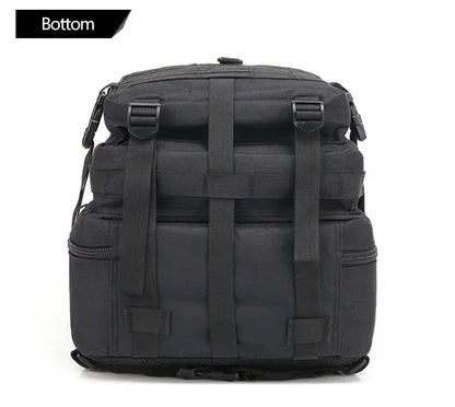 Black backpack with multiple straps on a white background