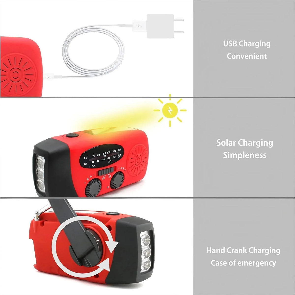 Red and black portable radio with solar panel, USB cable, and hand crank on a white background.