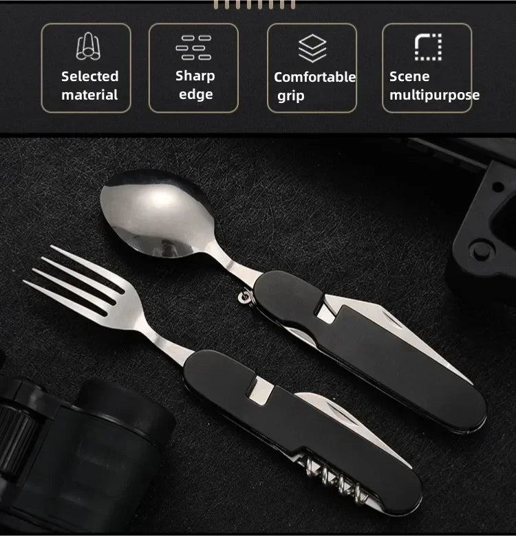 Multifunctional knife with spoon and fork attachments on a dark surface, featuring text labels for selected material, sharp edge, comfortable grip, and multipurpose use.