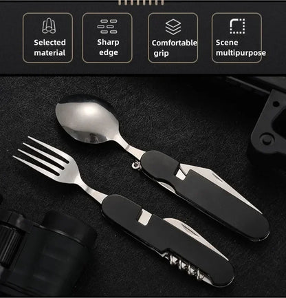 Multifunctional knife with spoon and fork attachments on a dark surface, featuring text labels for selected material, sharp edge, comfortable grip, and multipurpose use.