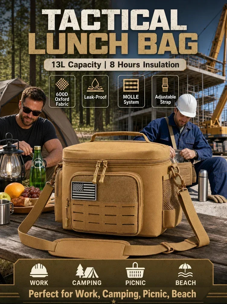 A tan tactical lunch bag with a front zip pocket, side mesh pocket, top handle, and adjustable shoulder strap, shown prominently in a promotional outdoor scene. The image includes large text reading 'TACTICAL LUNCH BAG,' feature icons for 13L capacity, 60OD Oxford fabric, leak-proof, MOLLE system, and adjustable strap, and usage场景 examples for work, camping, picnic, and beach.