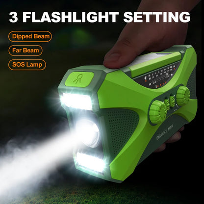 Green flashlight with multiple settings being held in a dark setting