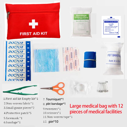 Collection of medical supplies including a first aid kit, bandages, scissors, and other medical items on a white background.