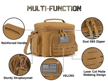 Tan tactical bag with features highlighted on a white background