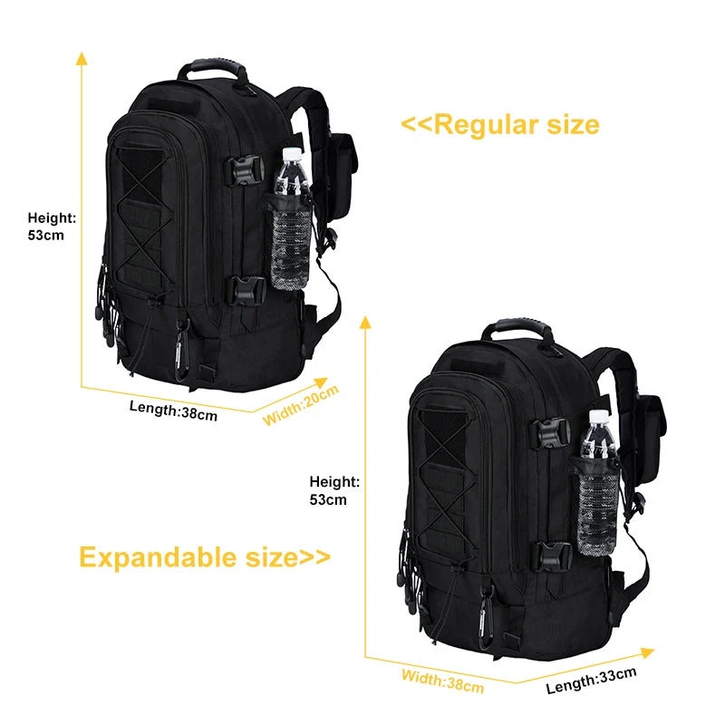 Black backpack with measurements for regular and expandable sizes on a white background