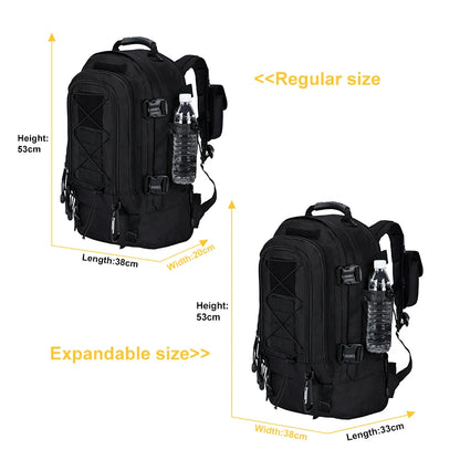 Black backpack with measurements for regular and expandable sizes on a white background