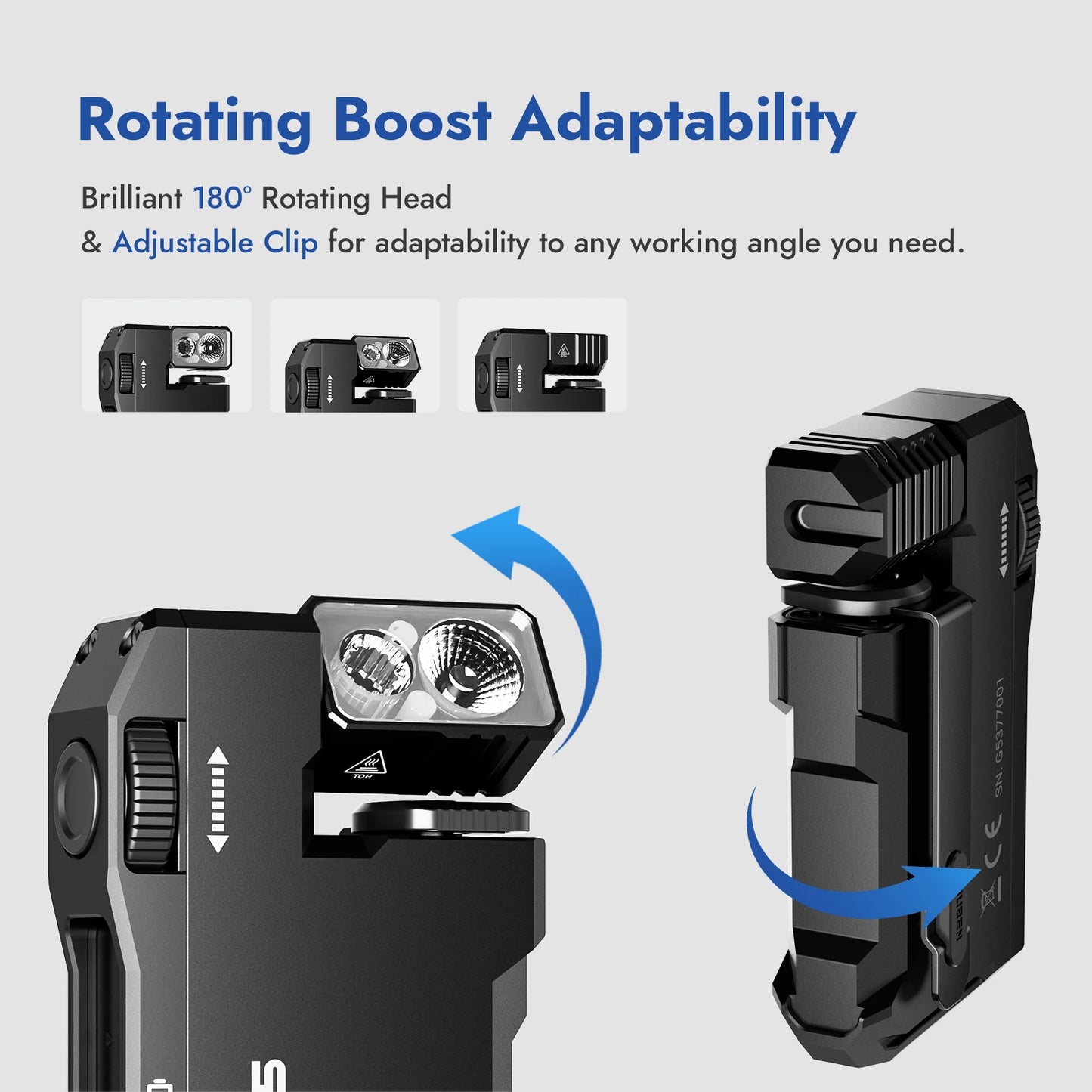 Black flashlight with rotating head and adjustable clip on a gray background