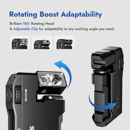 Black flashlight with rotating head and adjustable clip on a gray background
