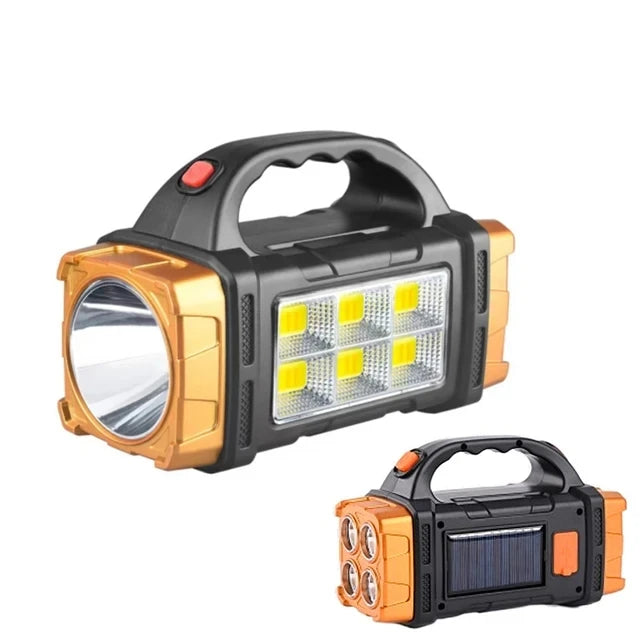 Two portable lights, one with a flashlight head and the other with solar panel design, on a white background.