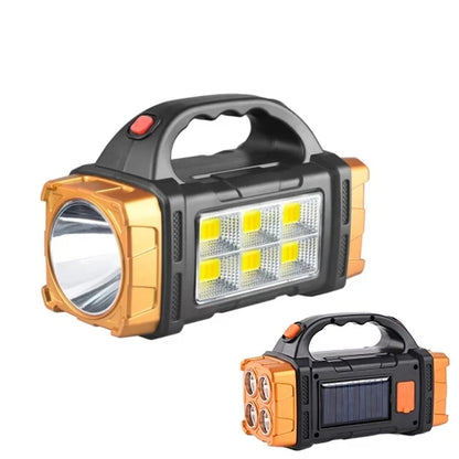 Two portable lights, one with a flashlight head and the other with solar panel design, on a white background.