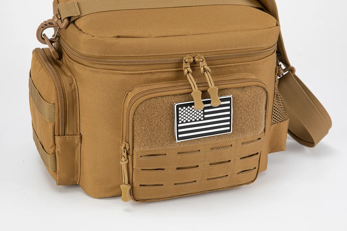 Tan tactical bag with American flag patch on a white background