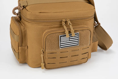 Tan tactical bag with American flag patch on a white background
