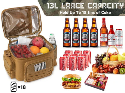  insulated cooler bag with food and drinks displayed around it