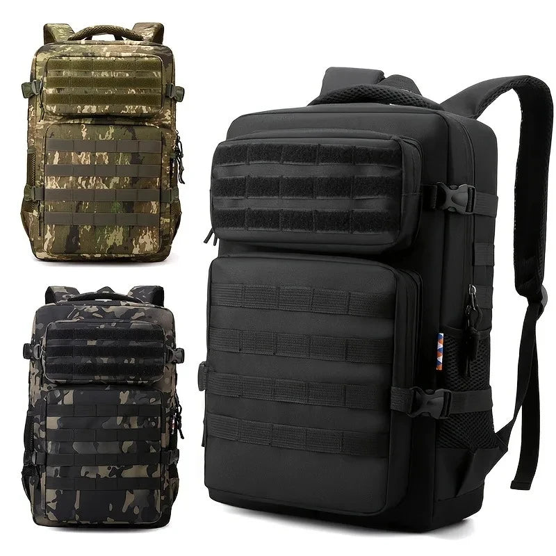Three tactical backpacks in black and camouflage patterns on a white background