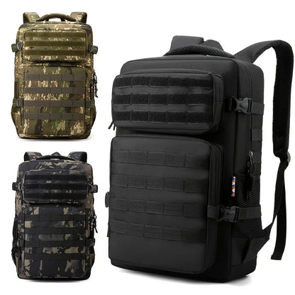 Three tactical backpacks in black and camouflage patterns on a white background