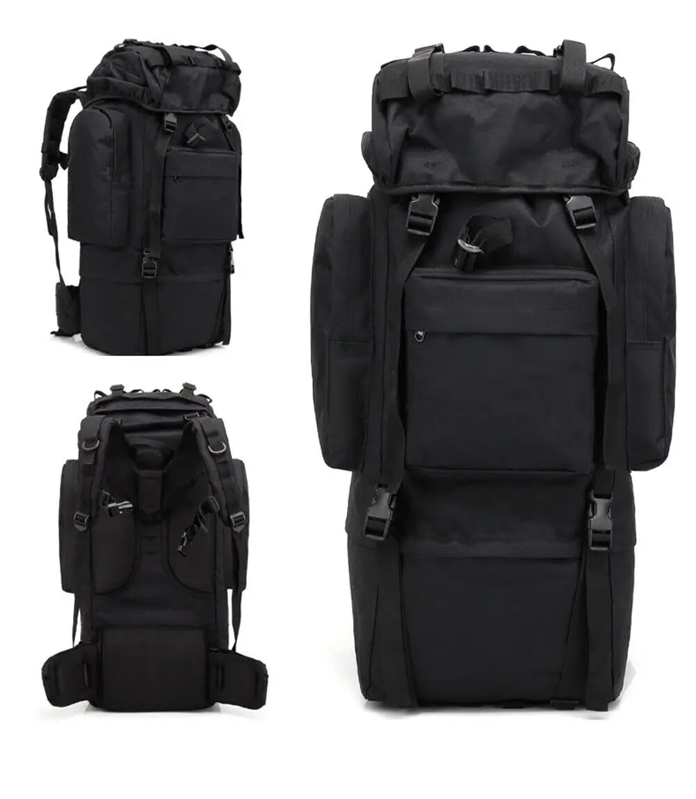 Black backpack shown from multiple angles on a white background