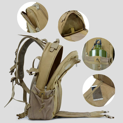 Tan backpack with multiple compartments and a water bottle holder on a light gray background