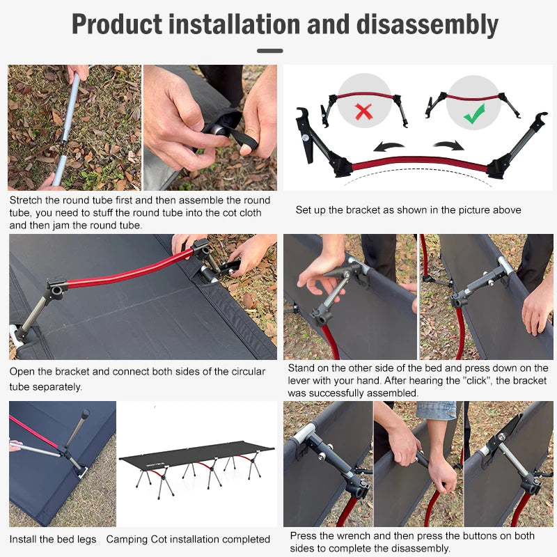 Step-by-step guide on how to install and disassemble a camping cot with text and images.