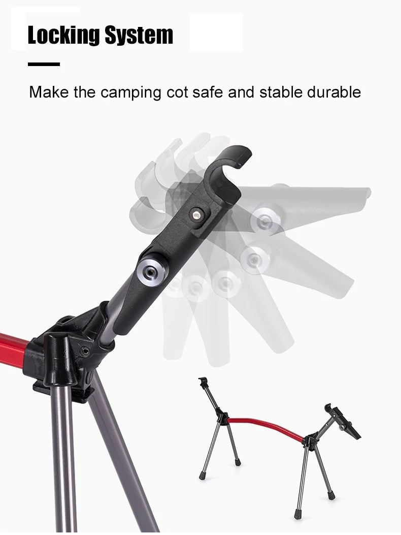 Locking system for a camping cot with text on safety and durability.
