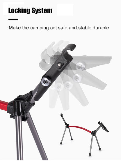 Locking system for a camping cot with text on safety and durability.