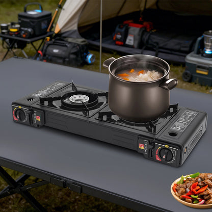 Portable camping stove with a pot on top, set up outdoors with a tent in the background.