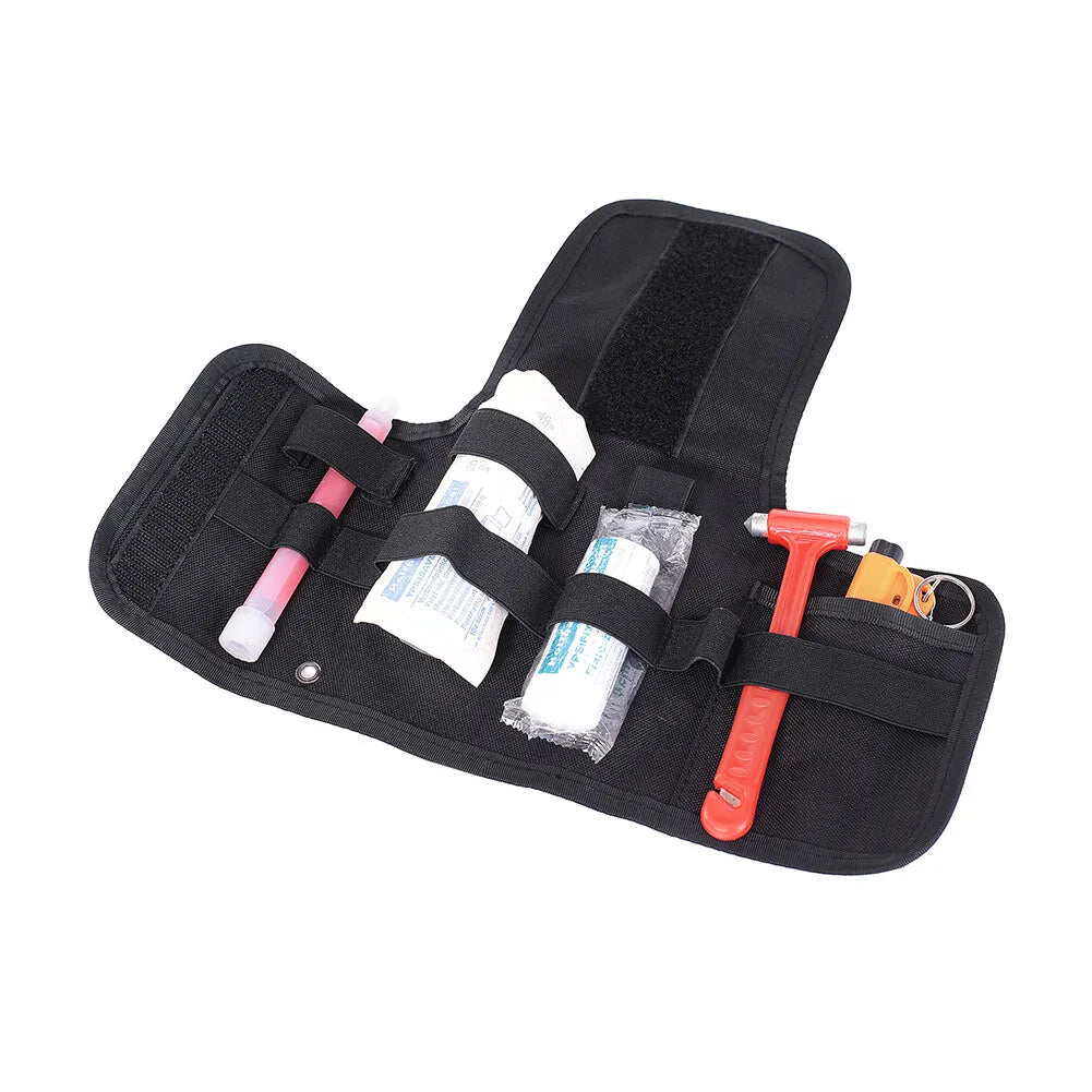 Black tool belt with various tools and supplies on a white background