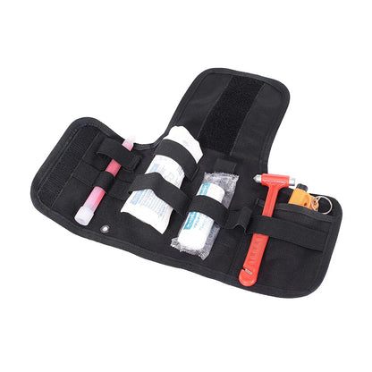 Black tool belt with various tools and supplies on a white background