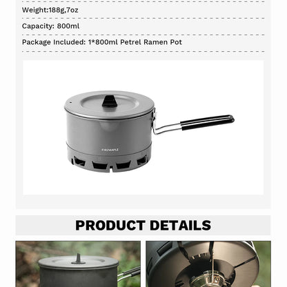 Gray camping pot with handle and lid, shown with product details on a white background.