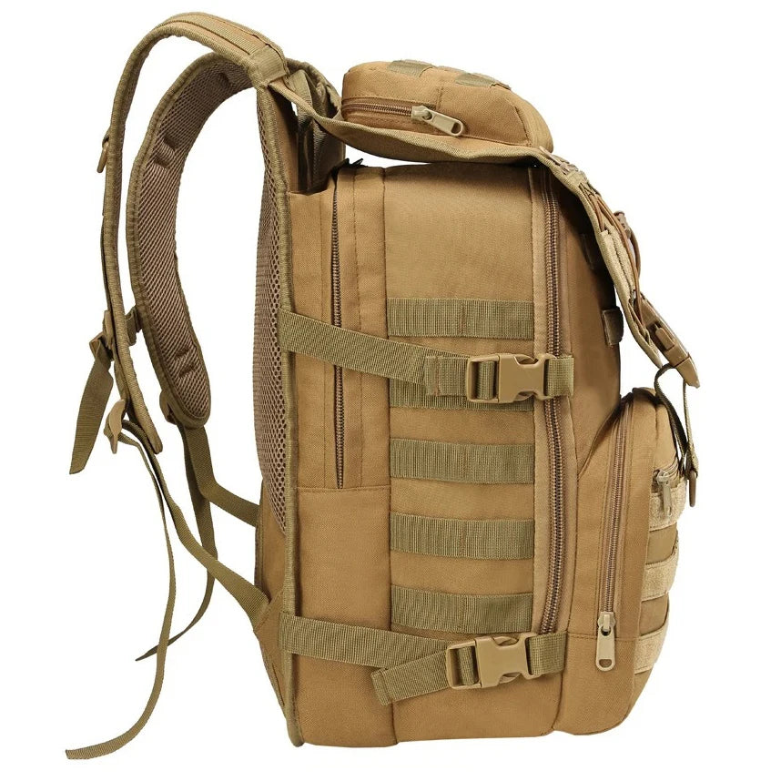 Tan tactical backpack with multiple straps and zippers on a white background