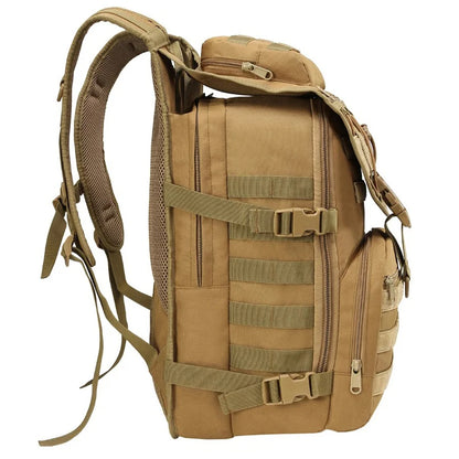 Tan tactical backpack with multiple straps and zippers on a white background