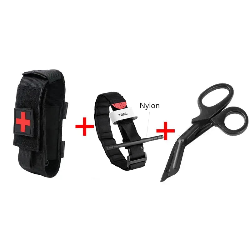 Two black straps with red crosses and a pair of black scissors on a white background.
