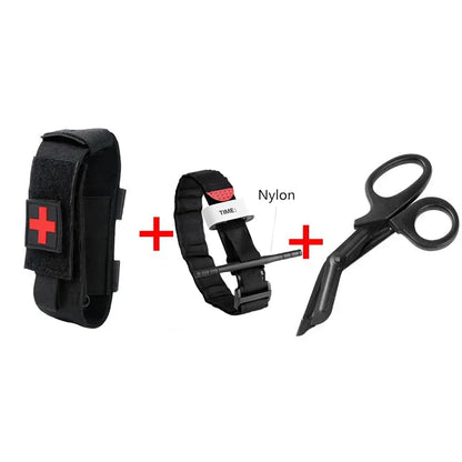 Two black straps with red crosses and a pair of black scissors on a white background.
