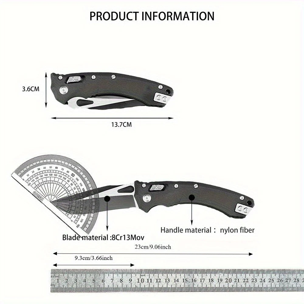 Folding knife with measurements and material details on a white background