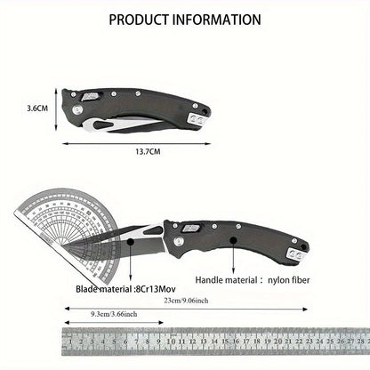Folding knife with measurements and material details on a white background