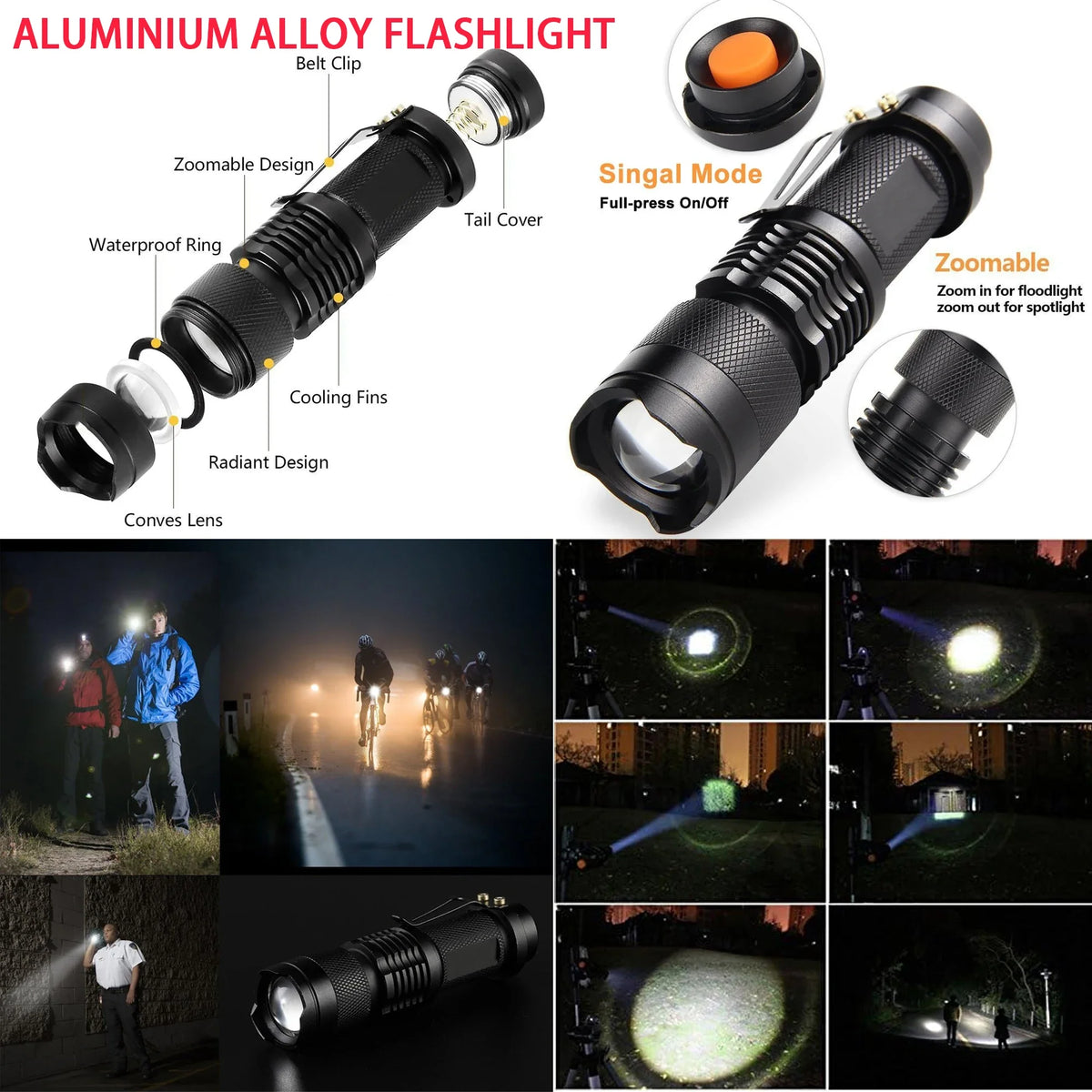 Aluminium alloy flashlight with features and usage scenarios on a white background