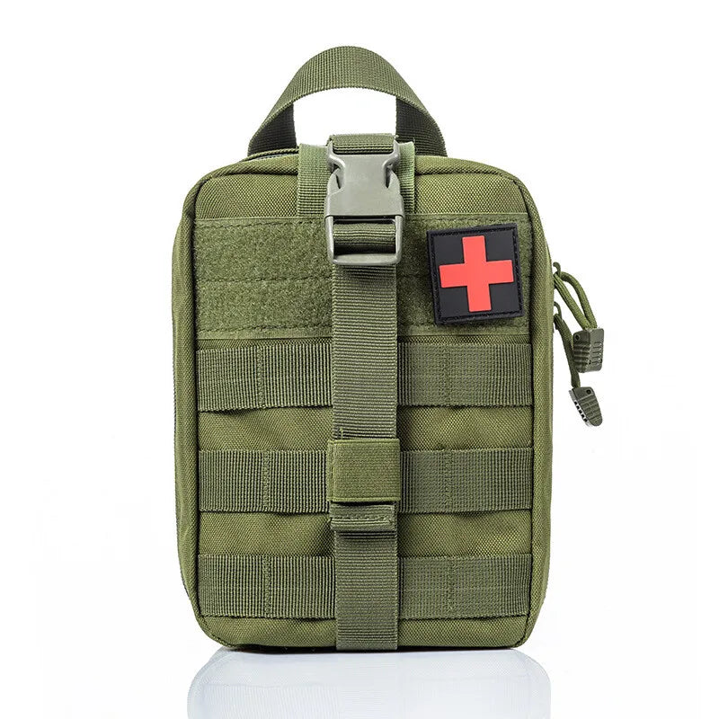 Green tactical pouch with a red cross patch on a white background