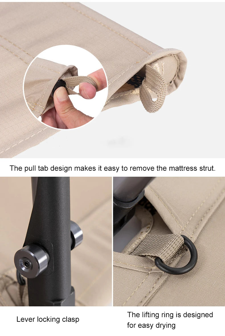Close-up of a mattress strut with pull tab, lever locking clasp, and lifting ring on a beige background.